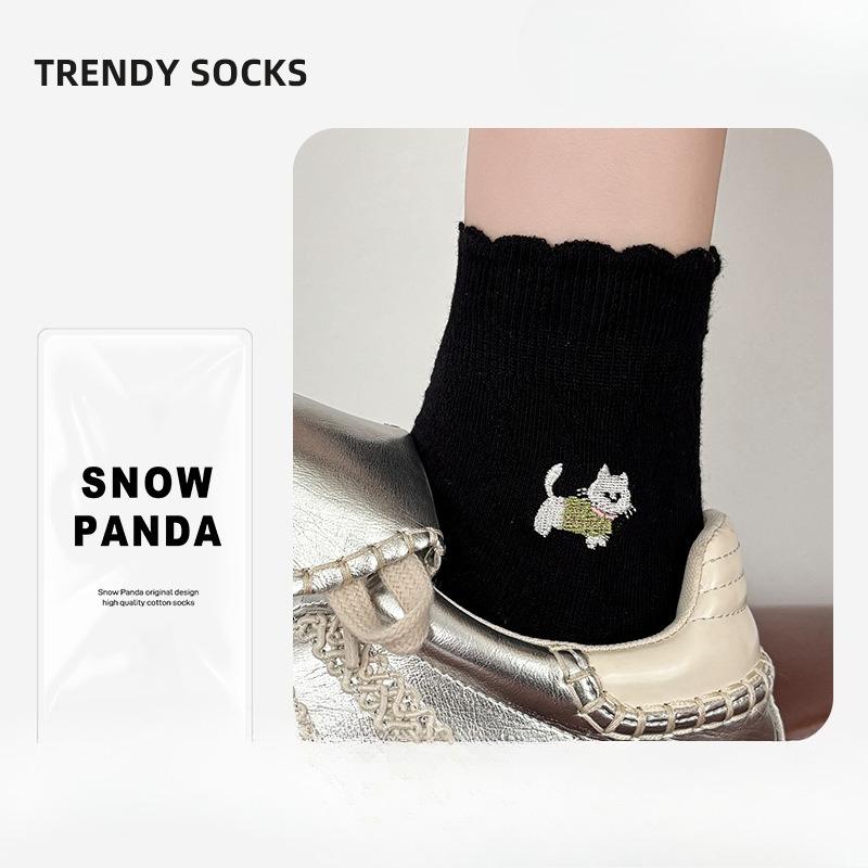 Sock Children's Mesh Breathable Short Socks for Spring and Summer, Pure Cotton Socks with Cat Embroidery and Ear Fungus Lace Trim.