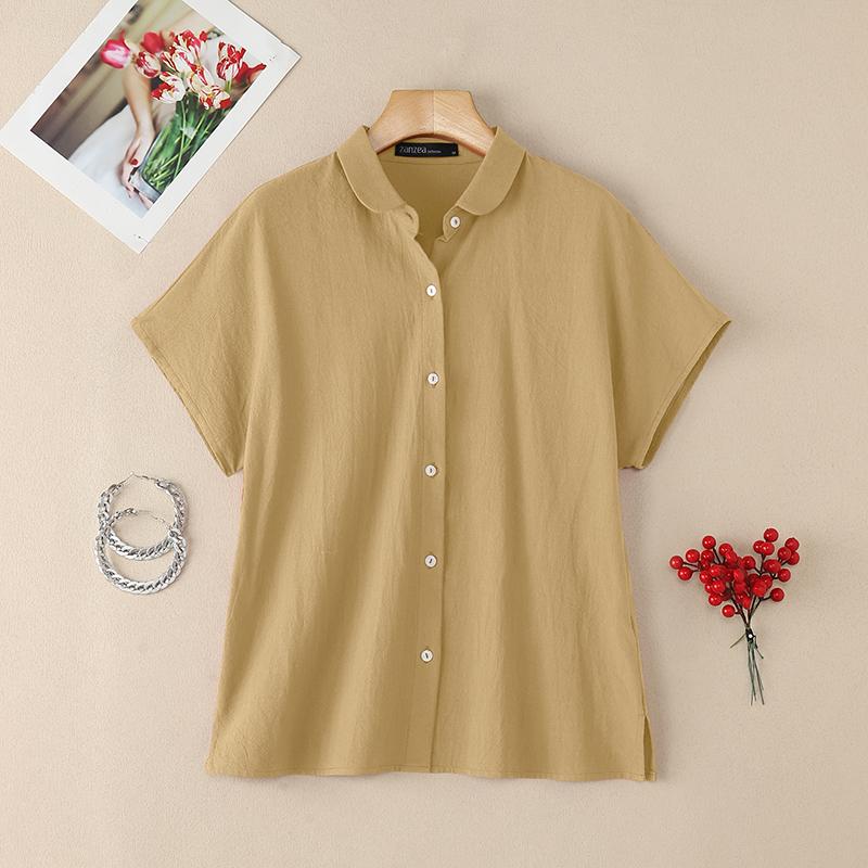 ZANZEA Damen Casual Turn Down Kragen Sommer Lose Kurzarm Bluse