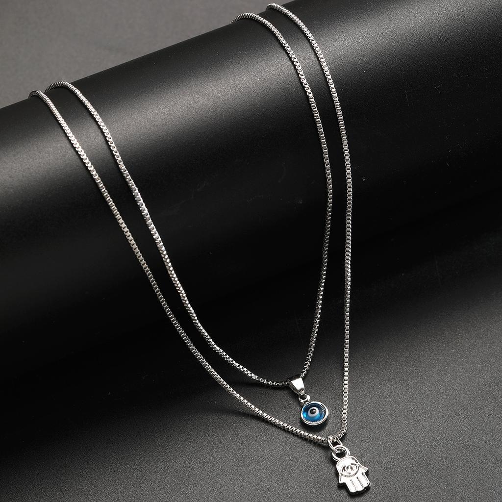 Minimalist Double Layered Evil Eye Hamsa Hand Necklace for Women Turkish Blue Eye Pendant Choker Party Aesthetic Amulet Jewelry
