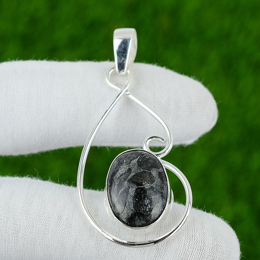 

Natural Black Fossil Coral Gemstone 925 Sterling Silver Pendant For Women