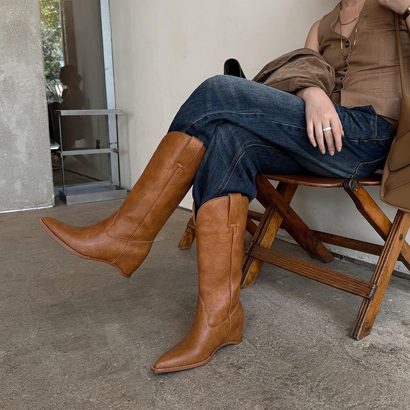 6cm Style Knee High Boots Women Pointed Toe Flat Heel Winter Fall Fashion