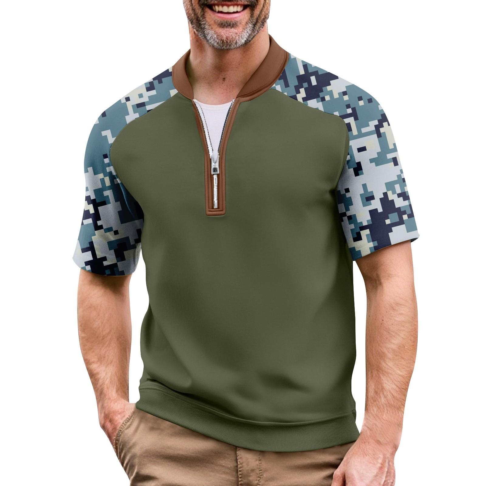 Мужская летняя футболка камуфляжной расцветки в стиле кэжуал спортивный дышащий топ с воротником на молнии S 1444₽