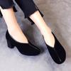 Round head high heels autumn new black round head thick heel light mouth single shoes sheepskin women