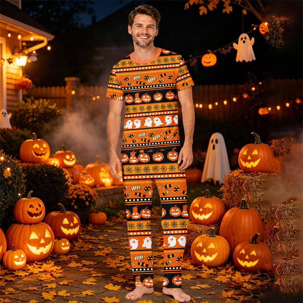 Family Matching Halloween Print Short Sleeve Pajama Set - Top and Pants for Mom and Kids