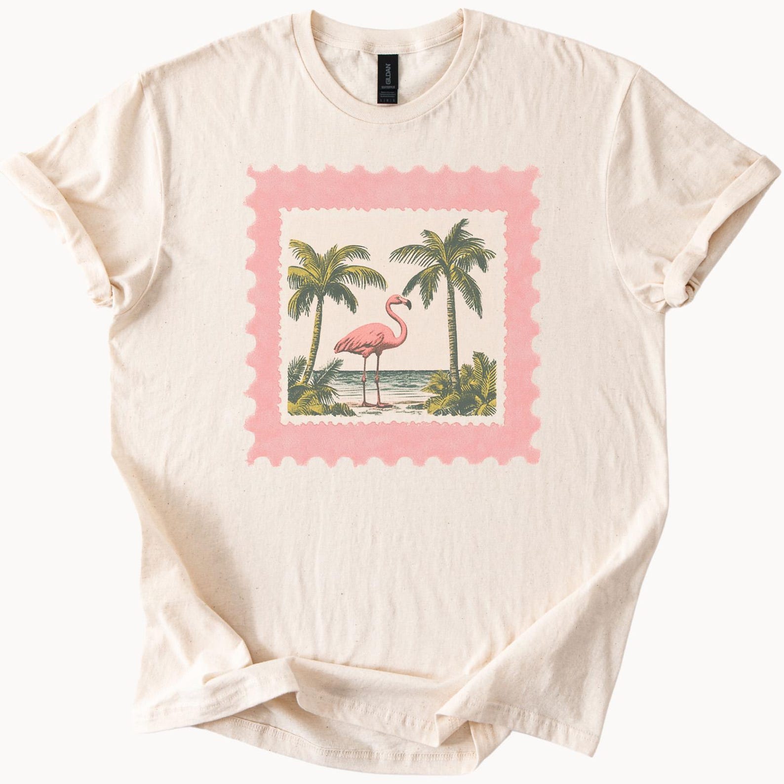 Flamingo Palm Tree Beach Graphic T Shirt Pink Tropical Ocean Scene Summer Nature Tee Soft Casual Shirt Unique Animal Design 120