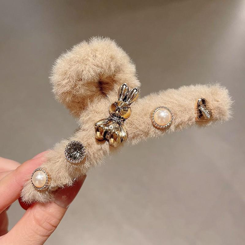 2025 New Year Red Plush Pearl Claw Clip - Stylish Women's Shark Hairpin Accessory for Buns and Hair Styling
