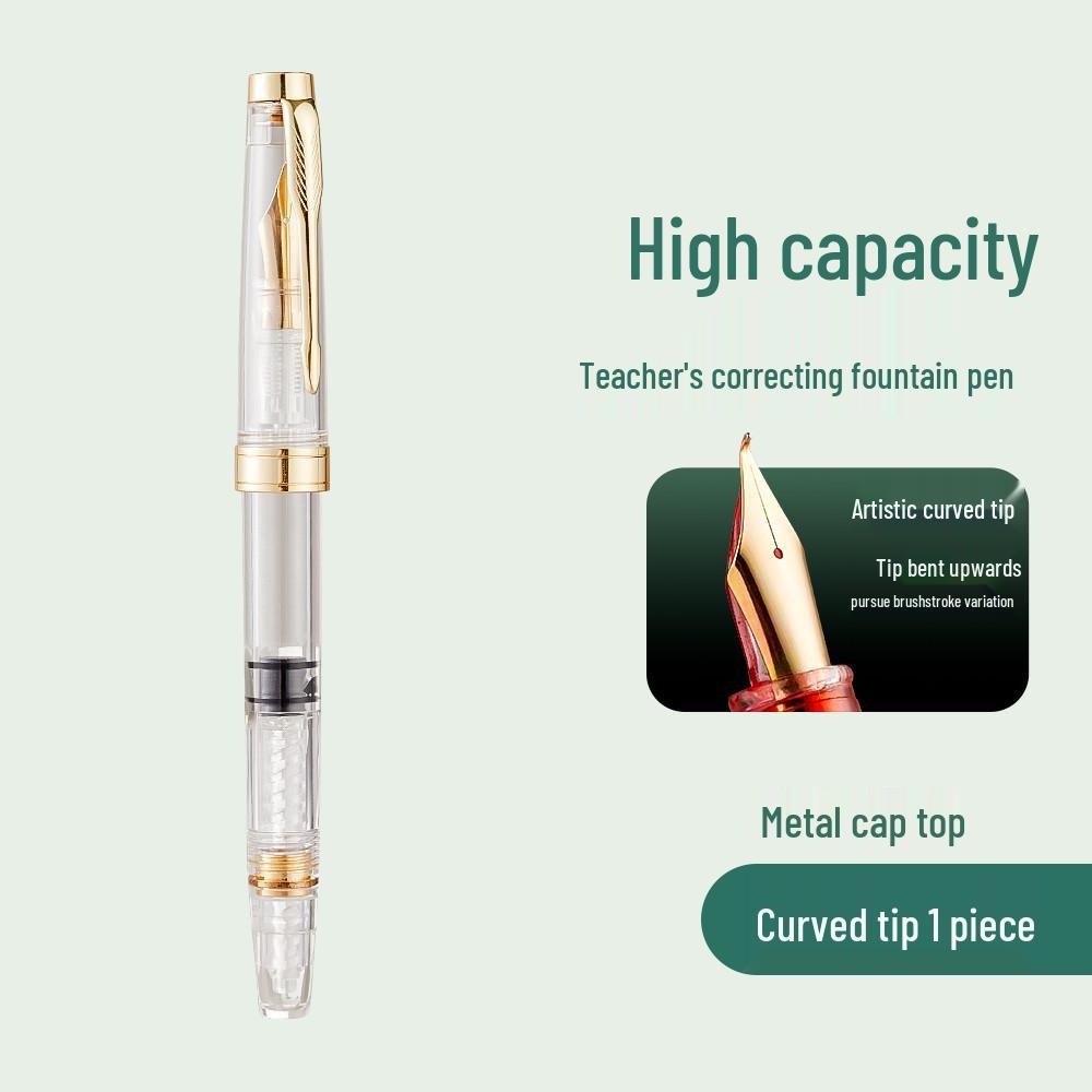 Teacher Correction Fountain Pen with Red Ink - Large Capacity Bent Nib for Grading