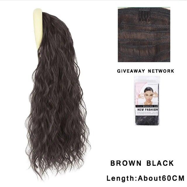 Synthetic Long Wavy Headband Wig Black Brown Women's With Twist Braid Hairband Accessories Natural Half Wig