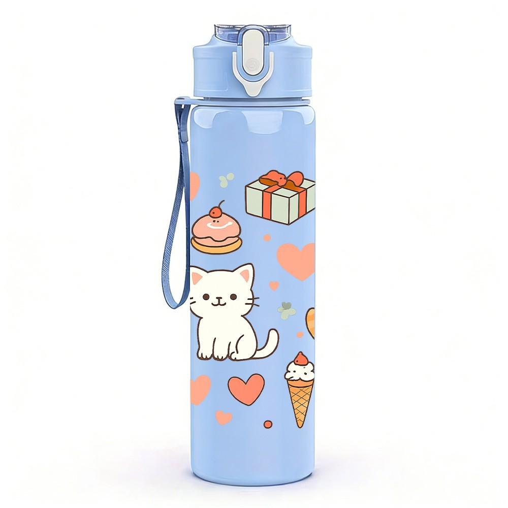 1PC Cute Cat Heart Repeat Pattern 750ml Color Plastic Sports Water Bottle Leakproof Flip Straw Lid Suitable for Sports Office Home Use