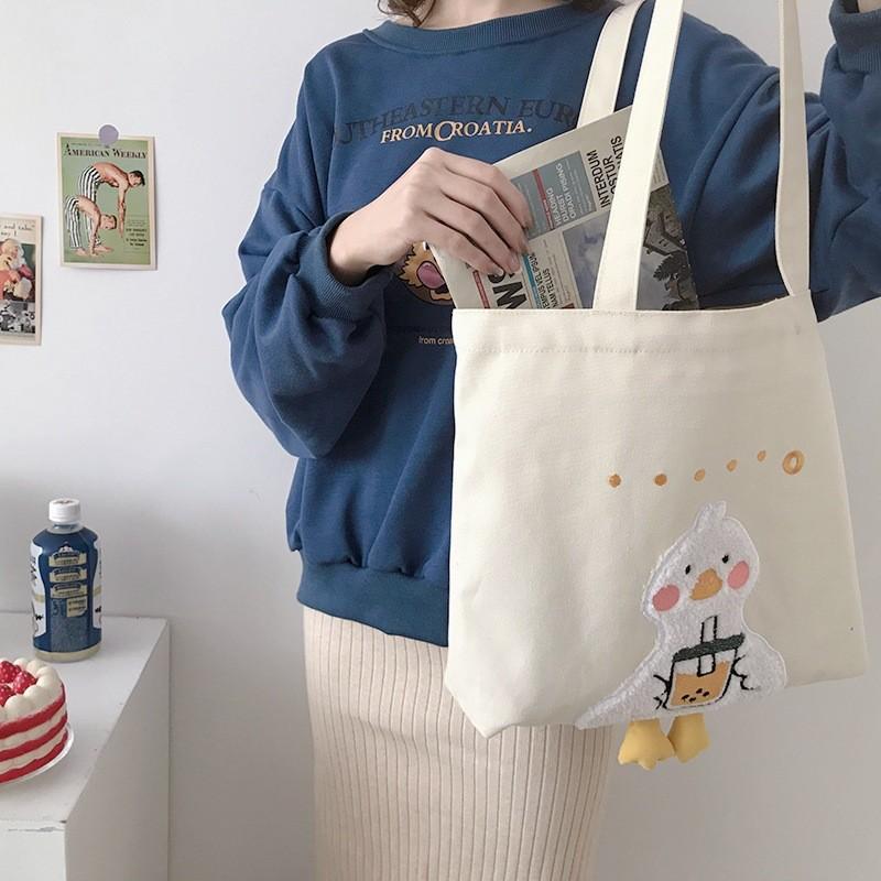 Adorable Duck Pattern Canvas Carryall With Inner Zipper Pocket For Commuting