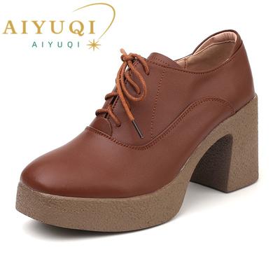 Modne AIYUQI Damskie Szpilki Jesień Nowe Platformy ze Skóry Naturalnej Damskie Biznesowe Buty na Obcasie Sznurowane Brytyjski Styl Buty do Biura Damskie