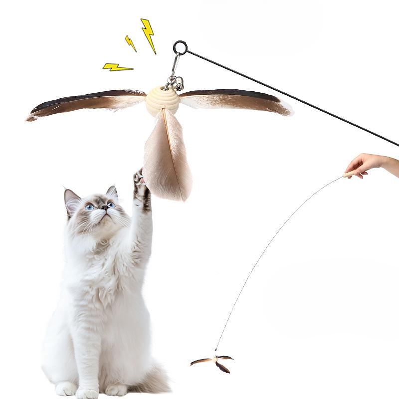Wooden Handle Cat Toy Rotatable and Replaceable Head Steel Wire Long Rod Windmill Cat Toy Feather Bell Self-entertaining Pet Toy