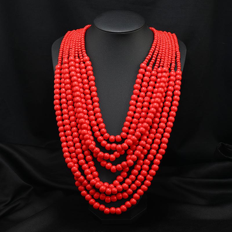 

Vintage multi-layer wooden bead necklace female personality exaggerated red long sweater chain bohemian accessories