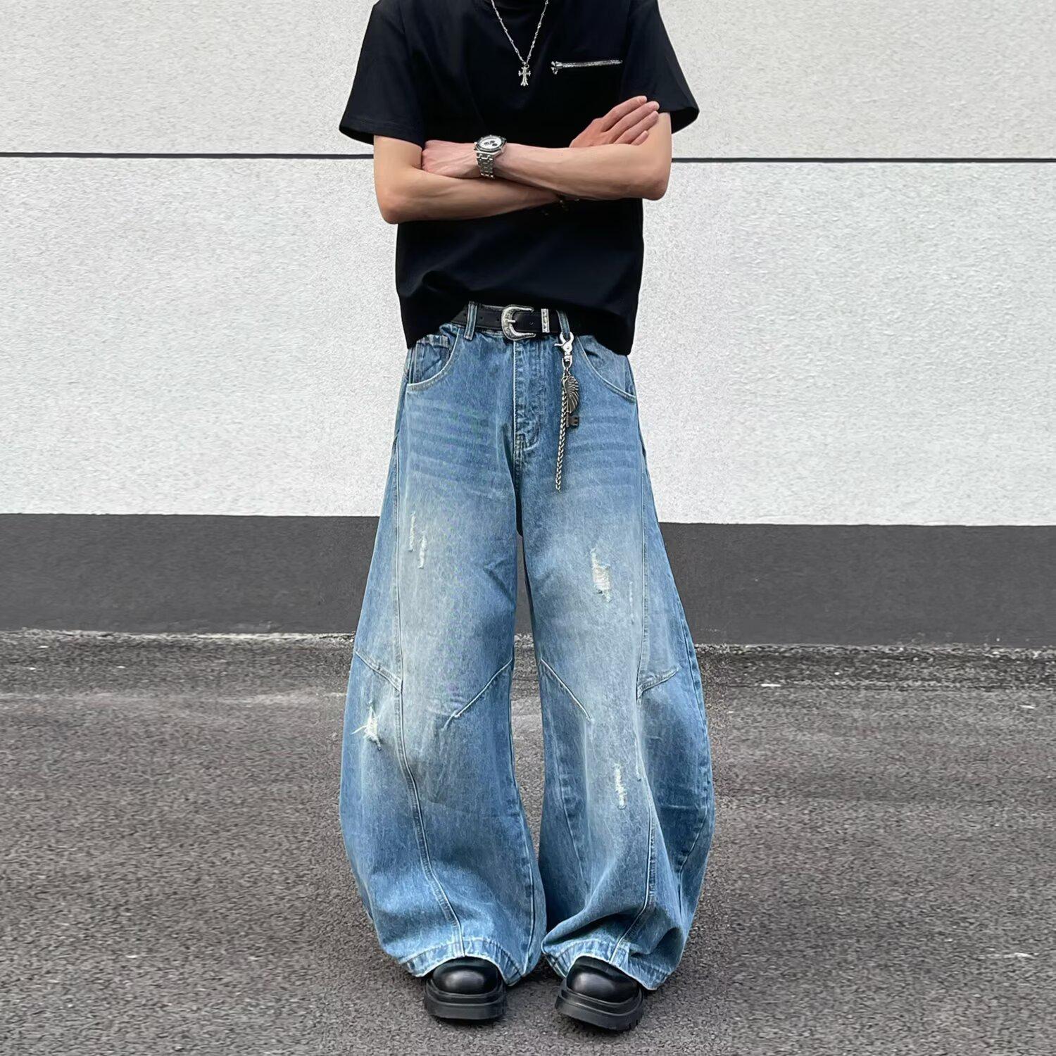 American Inspired Washed Deconstructed Baggy Wide-Leg Floor-Length Trousers for Men XL