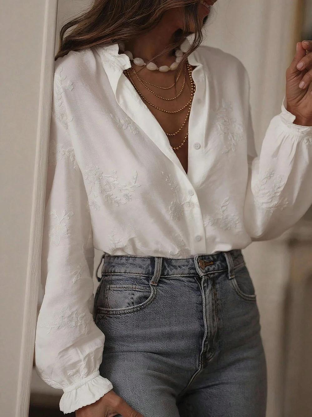 Women S Long Sleeve Puff Sleeve Embroidered Cardigan Blouse L