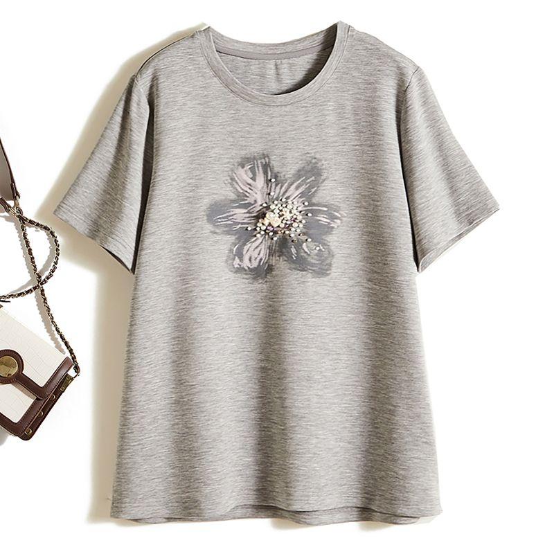 

Simple and Elegant! Elegant Handmade Beaded Flower Clusters Elastic Composite Cotton round Neck Loose Version T-shirt Women Summer Top Grey XL