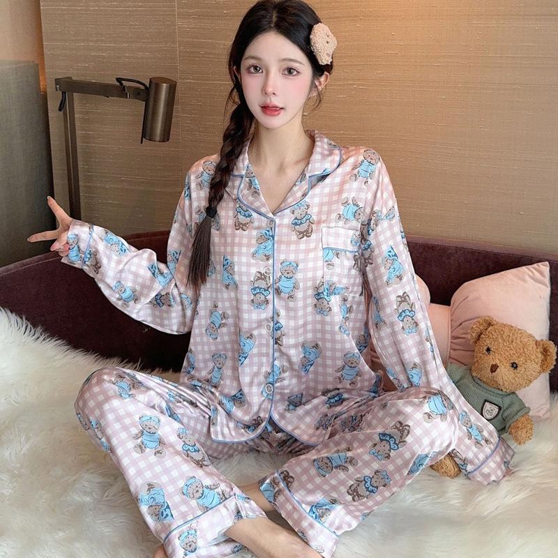 Ice Silk Pajamas Women'S Spring And Autumn Thin Bear Print Long-Sleeved Cute Loungewear Suit Outer Wear