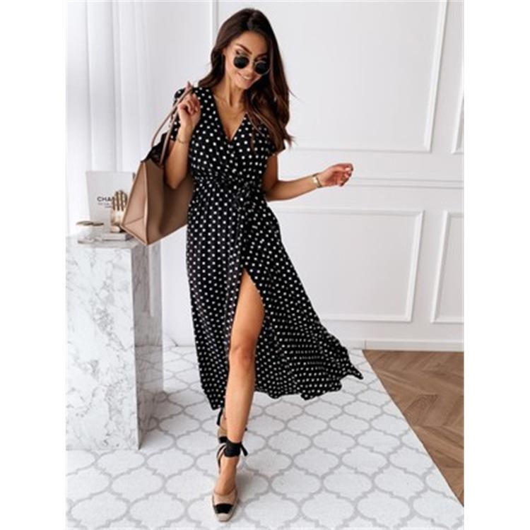 Summer V-Neck Bohemian Polka Dot Long Dress with Short Sleeves