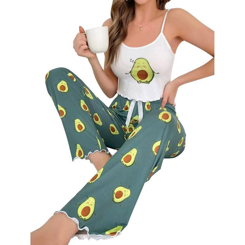 Women Avocado Printed Suspender Vest and Pants Pajama Set Loungewear