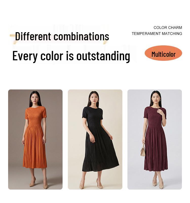 2026 Women's Summer A-Line Dress: High-End, Solid Color, Round Neck, Short Sleeve, High Waist, Slimming Miyake Style.