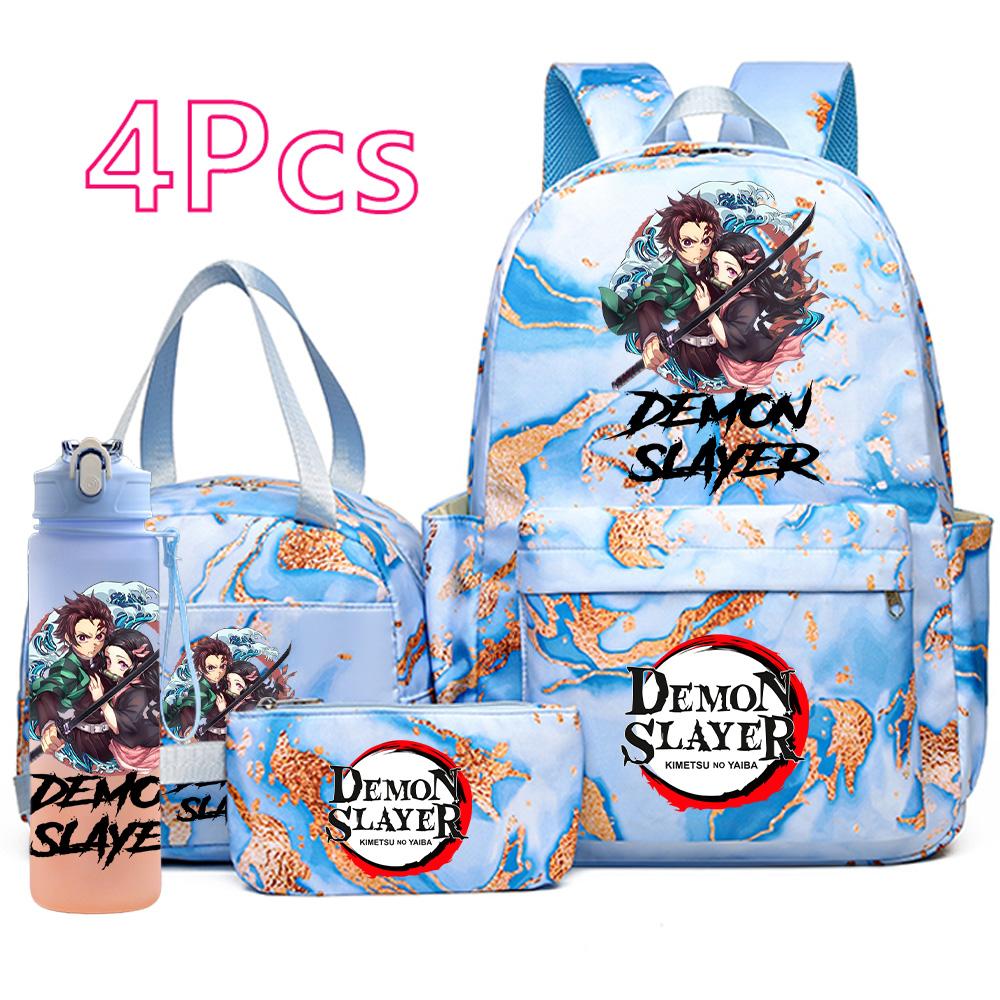 

4Pcs/set Anime Demon Slayer Printed Backpack Handbag Pencil Case with 750Ml Water Bottler for Teenager Boy Girl Large Capacity Waterproof Schoolbag