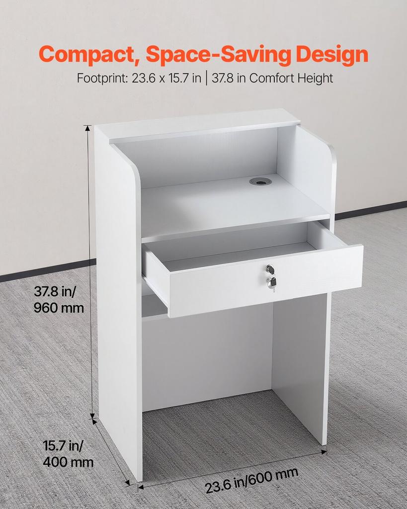 Reception Desk, 60 Cm Rectangular Front Counter Table, Modern Office Reception Desk with Drawer, Small Minimalist Retail Counter Table for Checkout,