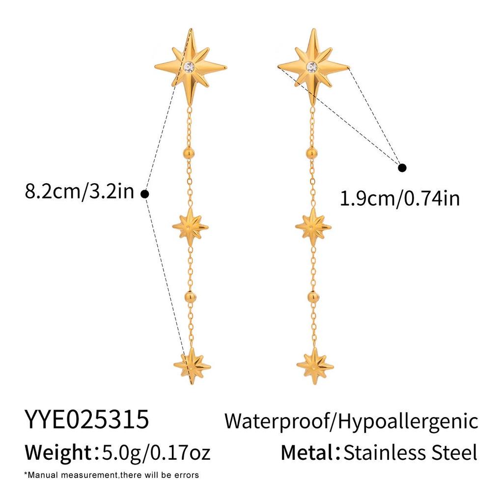 Collier Y-Chain à pampilles étoile à huit branches élégante Xia Ling, Acier inoxydable, Plaqué or 18 carats, Bijou polyvalent pour femmes