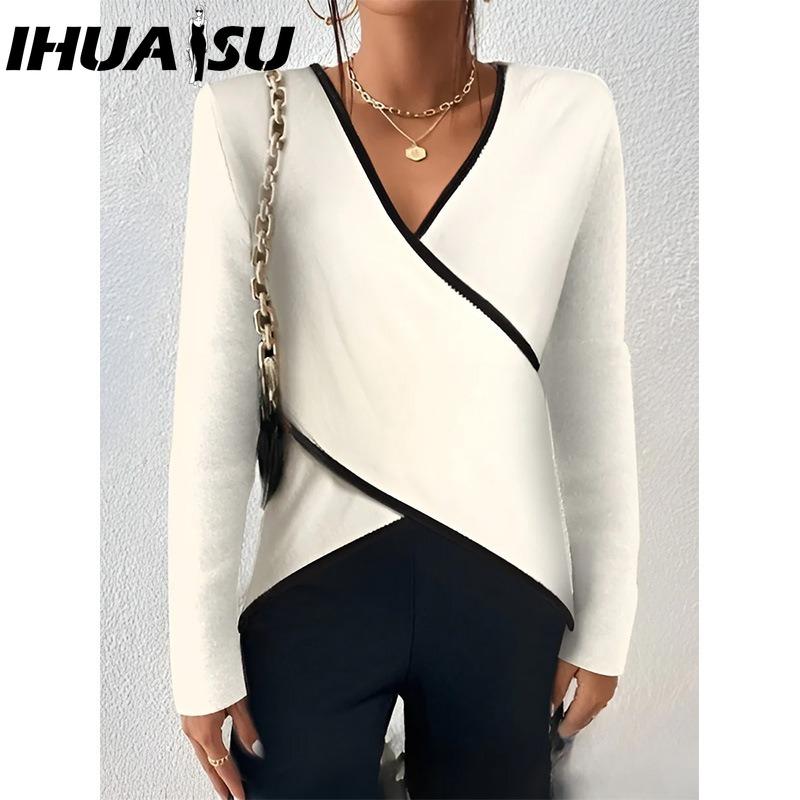 IHUASU Damenmode, lässig, einfarbig, langärmelig, V-Ausschnitt, Blusen und Hemden