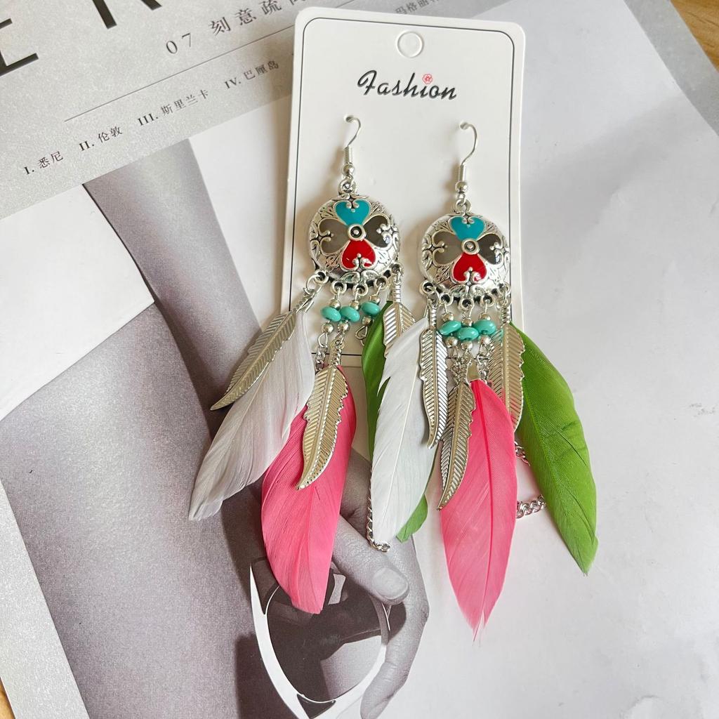Vintage Bohemian Feather Tassel Earrings Exaggerated Ethnic Vacation Dangle Ear Jewelry Fashion Accessories For Women