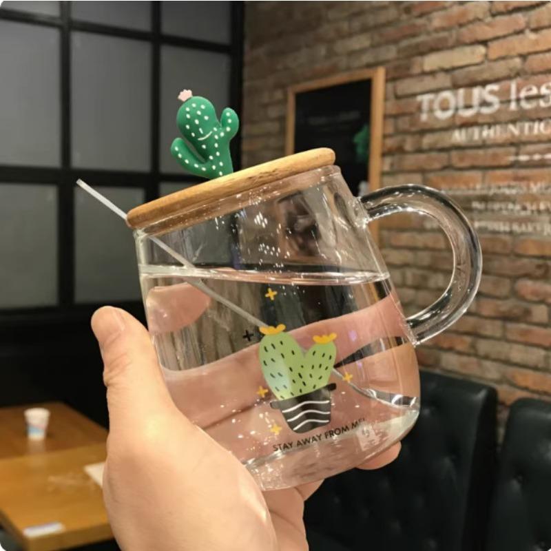 Hitzebeständige Glas-Milchtasse mit Griff Mikrowellenheizung Frühstückstasse mit Deckel Löffel für Haushalt Damen Flacher Boden Wasserbecher
