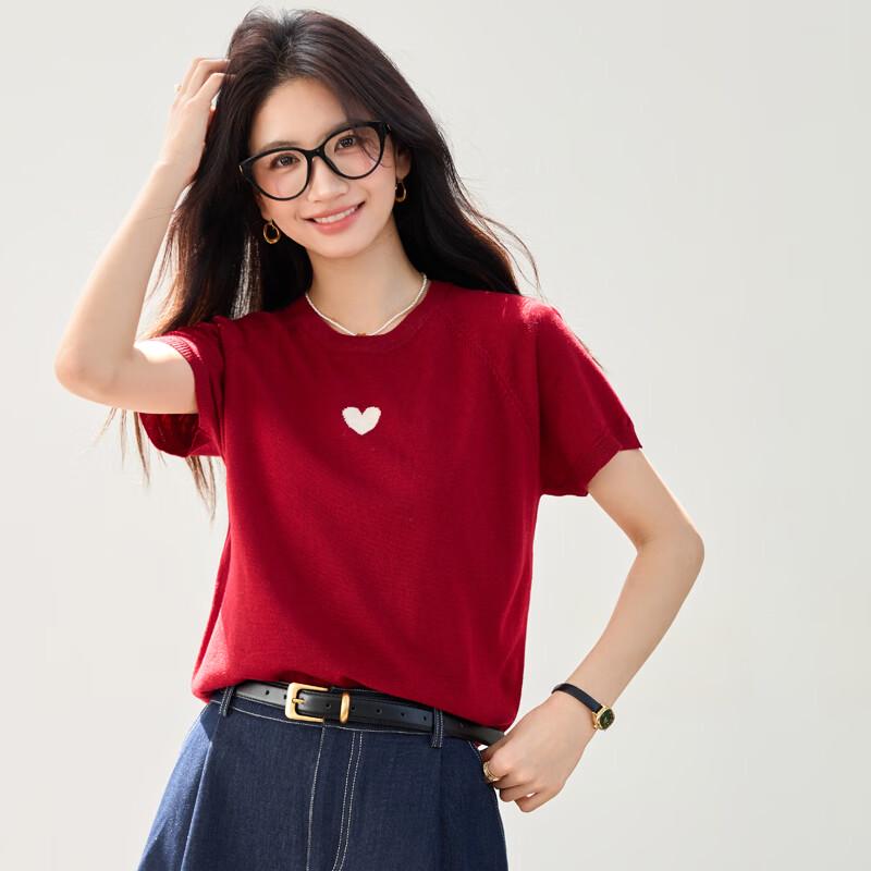 Women s Sweet Heart Jacquard Knit Top XL вино красного