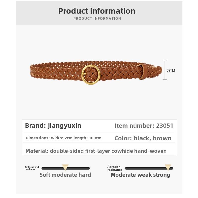 Mei Mary Handmade Braided Leather Belt - Top Grain Cowhide Vintage Double-sided Prong Buckle - Gold-plated Fashion Round Buckle Women's Belt