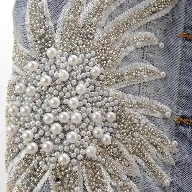 Modna koronkowa kamizelka dżinsowa z koralikami damski kardigan wiosenna kurtka bez rękawów modne luźne dżinsy w stylu vintage