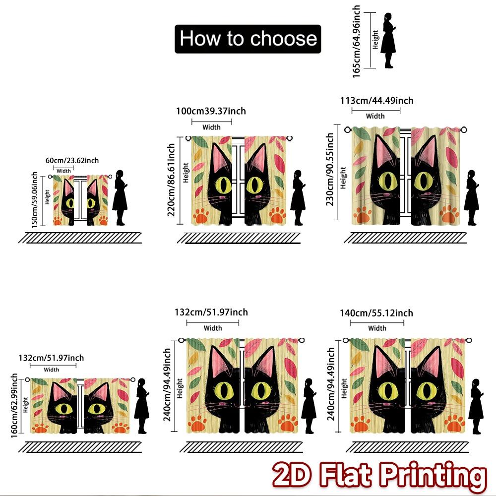 2D flat printing 2pcs Window Drapes Black Cat Cute Leaves Digital Printed Polyester Drapes Seasonal Party & Holiday Decor for