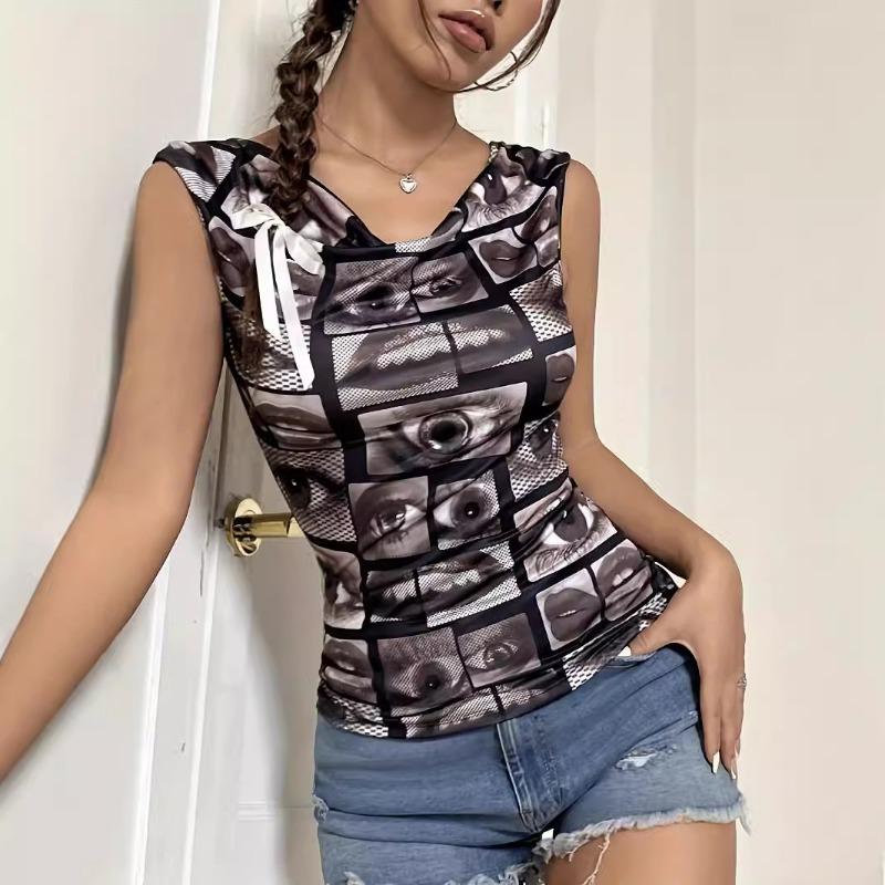 Dámské letní elegantní speciální potisk dutá bez zad bez rukávů tričko slim tenké topy