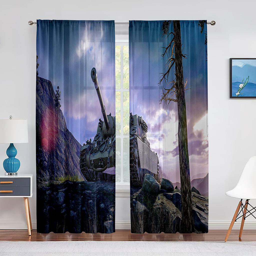 Tende Voile Tulle Carro Armato Blindato da Guerra Militare per Bambini Uomini Camera da Letto Tenda per Finestra Soggiorno Tende Trasparenti Drappeggi in Organza