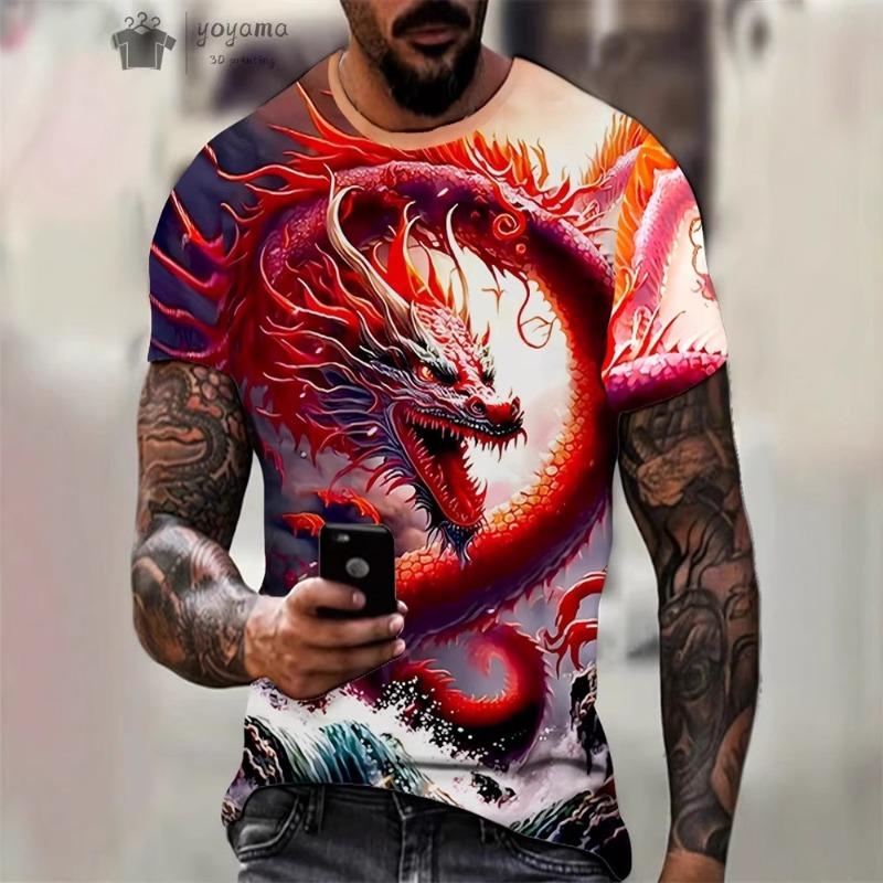 Men's Summer 3D Digital Printed Divine Dragon Round Neck Short Sleeved T-shirt