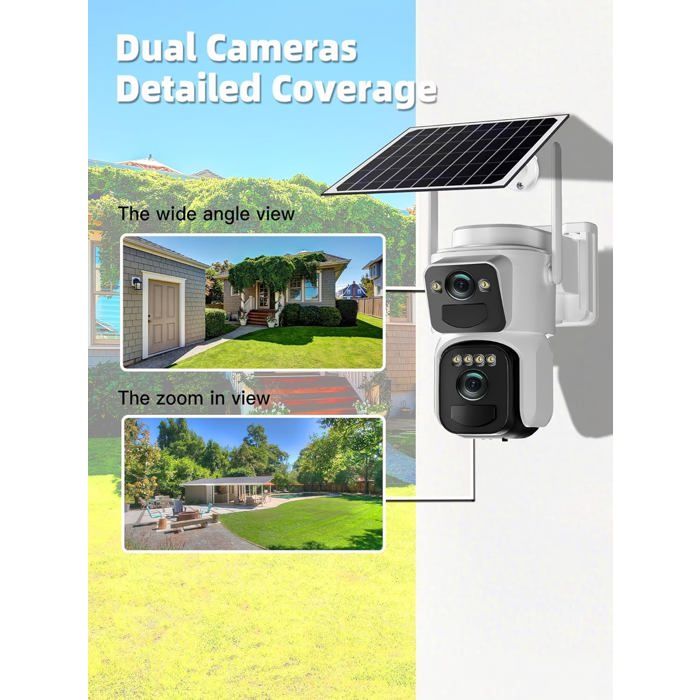 Caméra de Surveillance Extérieure Abiso 8MP WiFi, Double Objectif, Suivi Auto, Audio Bidirectionnel, Détection AI, Solaire, 360°…