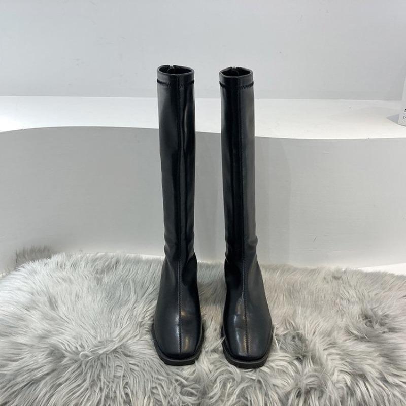 Rear zipper velvet boots New squareheaded knight boots White versatile high boots Women's thin boots
