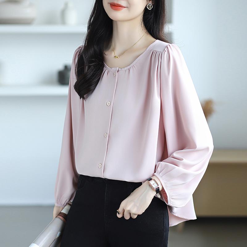 New Fashion Lantern Sleeve Loose Casual Blouse Women Single Breasted Elegant Solid Vintage Shirts Women Tops Round Neck Plus Size Ladies Blouses 26335