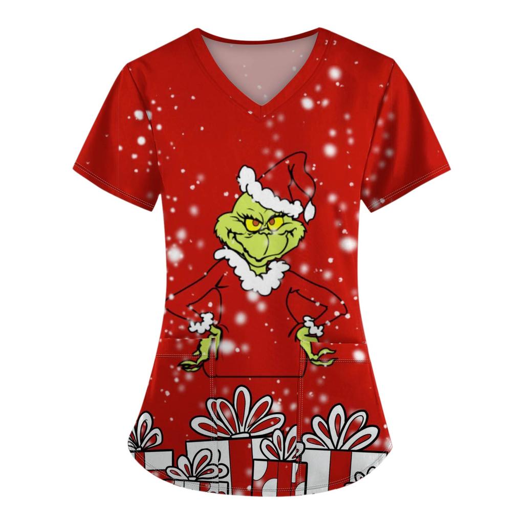 Women's Fashion Printed Short Sleeve V Neck Pattern Tops Pocket Working T-shirts