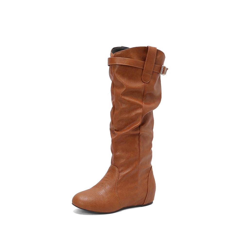 Yellow Wine Red Women Mid Calf Boots Med Wedge Heel Big Size 50