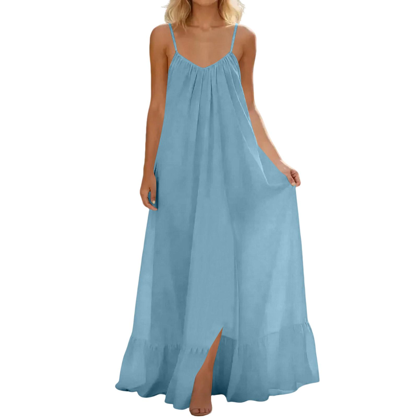 

O-Neck Dress For Women Casual Comfy Cotton Linen Short Sleeve Tunic Beach Dresses With Pockets L синій