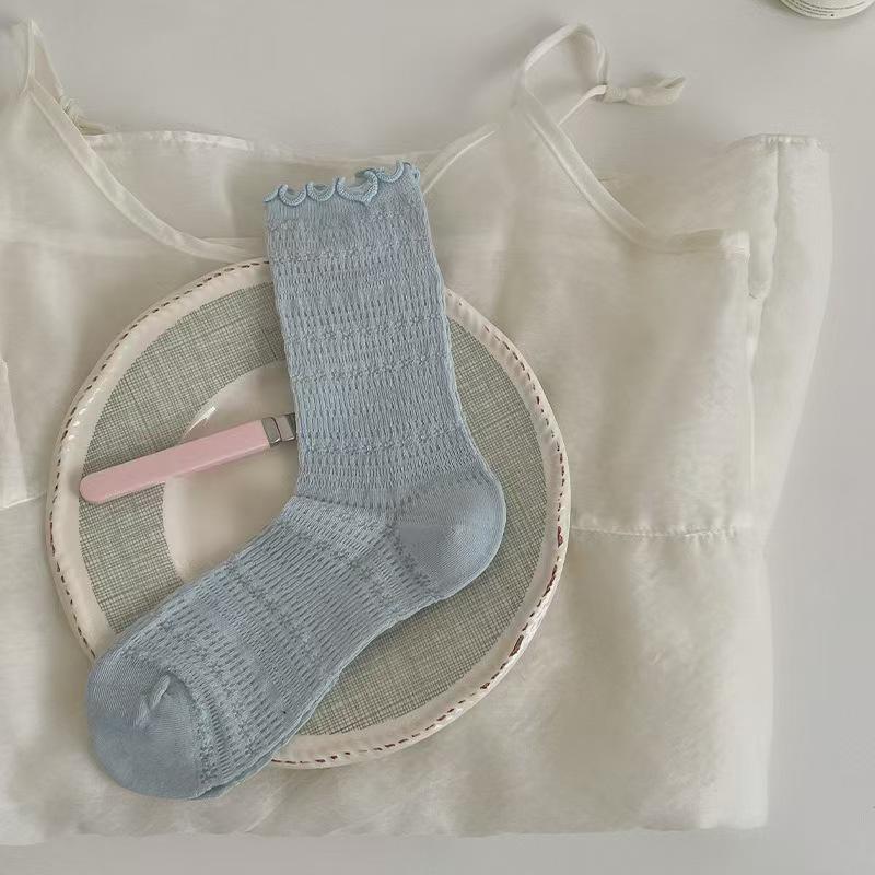 Women s Lace Mesh Cotton Mid-Calf Socks - Breathable, Thin, Trendy Spring/Summer Arrival One Size синий
