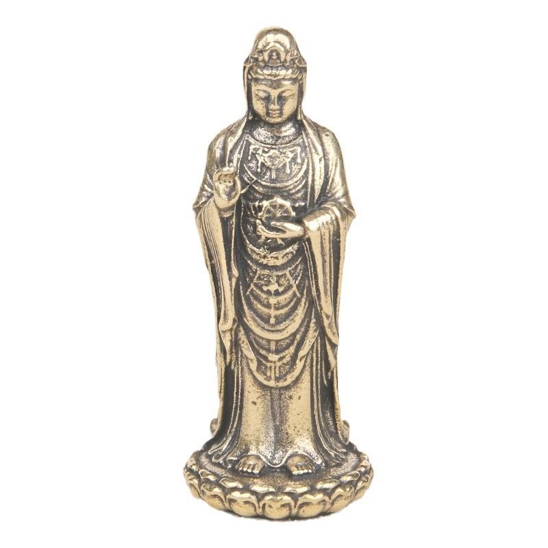 Vintage Brass Nanhai Guanyin Sculpture Buddha Portable Bodhisattva Bronze Religious Offering God Statue Old