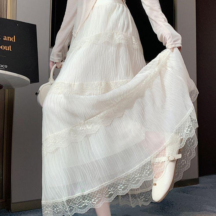 Women's High-Waist Lace-Trimmed Tiered Cake Maxi Skirt - Paneled Ruffle Design Sweet Slim-Fit & Soft Romantic Aesthetic
