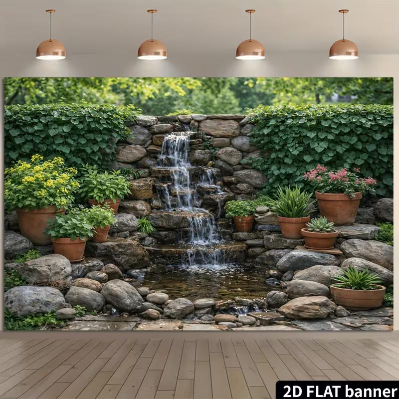 2D Natural Garden Waterfall Backdrop with Potted Plants for Outdoor Decor