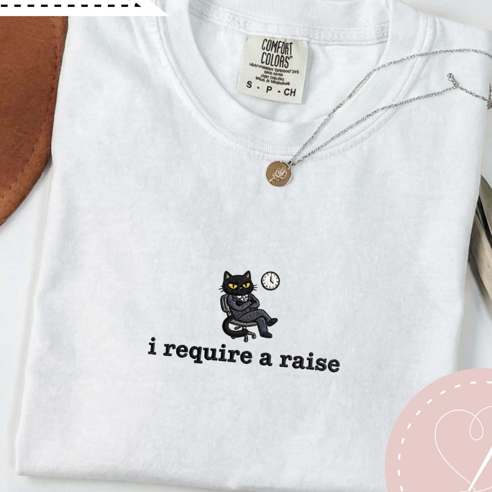 I Require a Raise Cat Embroidered T-Shirt, Comfort Colors 1717, Funny Animal Shirt, Whimsical Animal Top XL