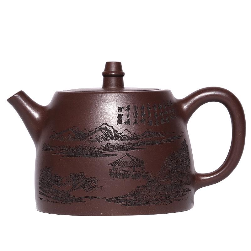 Handmade Yixing Zisha Purple Clay Teapot, Engraved and Painted Han Duo Pot for Gongfu Tea Brewing 400cc