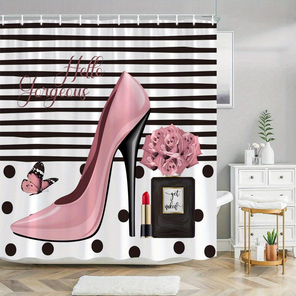 

Hello Gorgeous Pink High Heel Shower Curtain Polka-Dots Perfume Bottle Design With 12 Hooks Ideal Bathroom Decor W60H190(CM)-1 Pcs